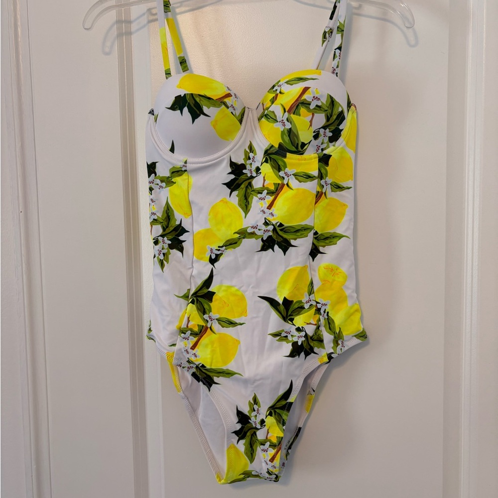 Cupshe Lemon Print One Piece Swimsuit - White and Yellow